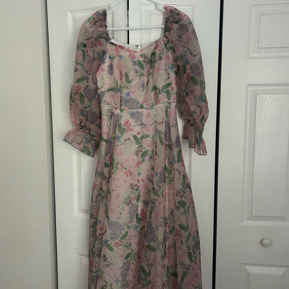 SHEIN Pink Midi Dress with Bishop Sleeves